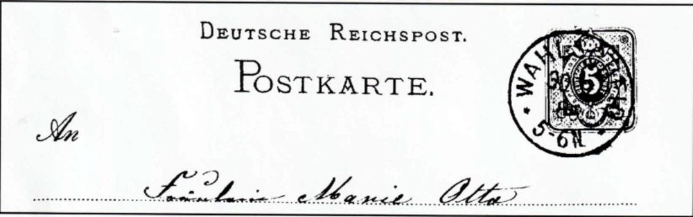Postkarte mit dem Poststempel Wahlscheid vom 30.09.1886.