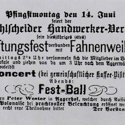 Anzeige vom 12.06.1886 im Siegburger Kreisblatt.
Das Aggerwäldchen (Aacherbösch) lag zwischen heutigem Forum und Agger