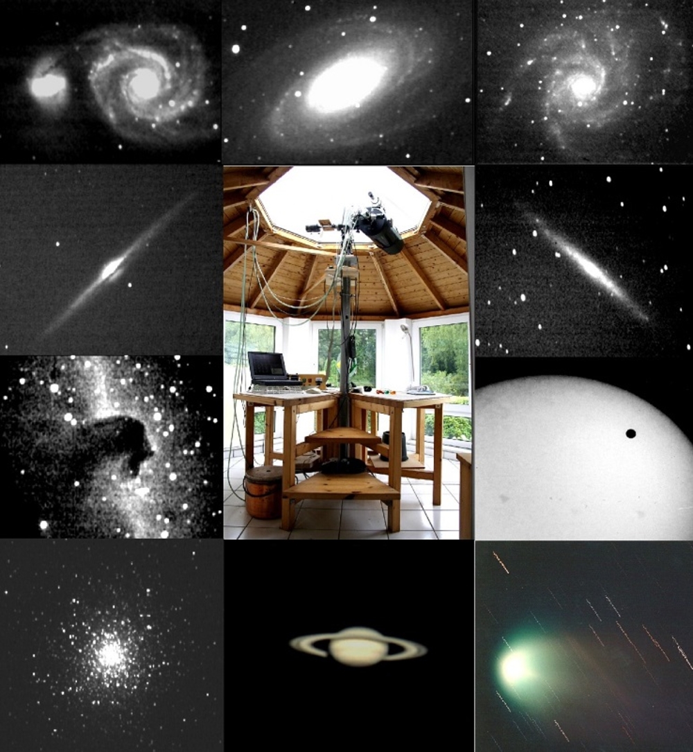 Blick in die Sternwarte, umrandet von in Lohmar aufgenommenen astronomischen Objekten. Neben Galaxien und Kugelsternhaufen ist unten rechts der Komet"Hyakutake" fotografiert.