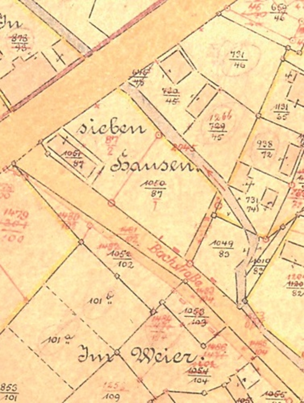 Grundstücke der Familie Hoffmann an der Bachstraße: Ausschnitt aus der Katasterkarte von 1901 (Landesarchiv Düsseldorf, Reg. Köln, Kataster K Gemarkung Lohmar)