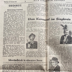 Bericht Rheinische Zeitung 26. Februar 1949 über die Karnevalisten Paul Zimmermann (Schwan) und Heinrich Schwellenbach (Nauke)