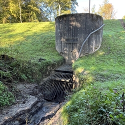 Drosselbauwerk mit Bachzulauf und Rost als Schutz vor Treibgut im Oktober 2026