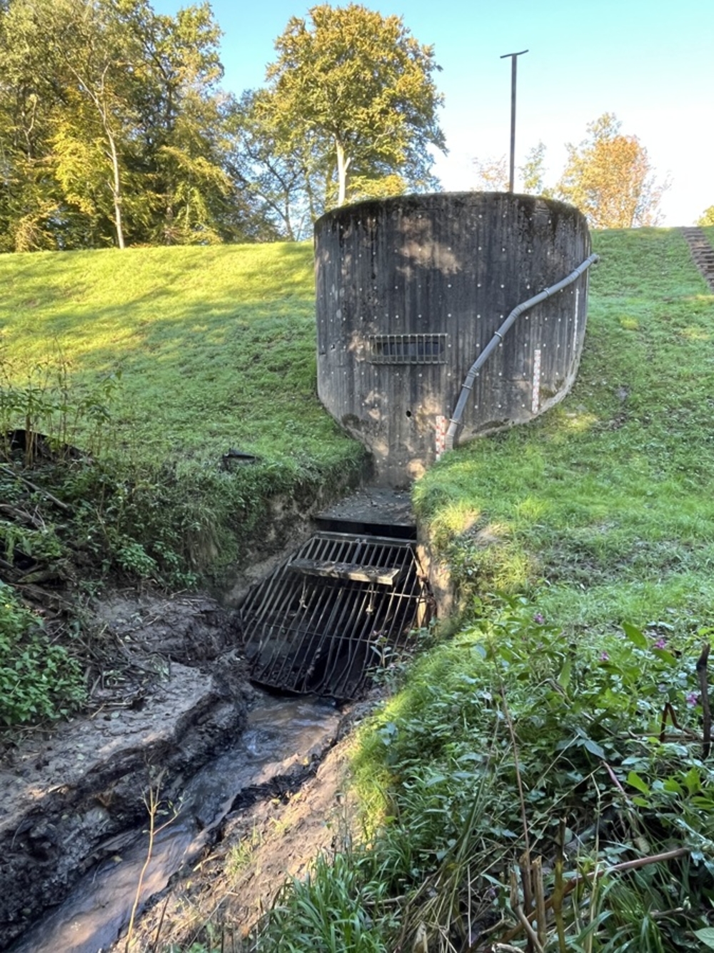 Drosselbauwerk mit Bachzulauf und Rost als Schutz vor Treibgut im Oktober 2026