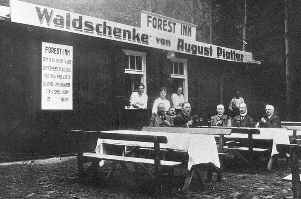Waldschenke 1919
FOREST INN-OPEN TO ALL BRITISCH TROOPS-REFRESCHMENT OF ALL KINDS -FIRST CLASS WINES & BEER-LIMONADE & MINERALWATER- TEA & COFFEEROOM-ICE PASTRY