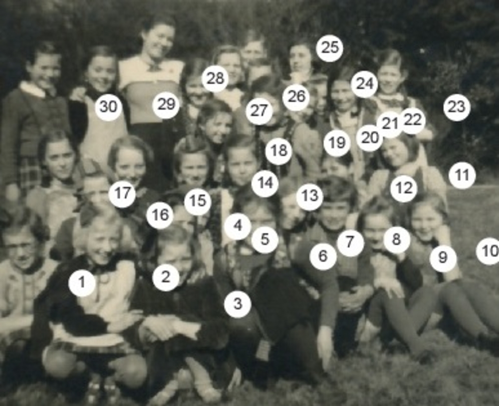1. Anni Blum, 2. Margot Scheiderich verh. Eich, 3. Gerta Kirschbaum, 4. u. 5. unbekannt, 6. Helene Faßbender verh. Miebach, 7. Steffi Stoecker verh. Eich, 8. Johanna Schmidt verh. Kappen, 9. Marlies Müller, 10. Sophie Gerhards, 11. Änni Pollerhoff verh. Brinkmann, 12. Margarethe Bindhammer, 13. Gertrud Arnold, 14. Marianne Söntgerath verh. Klein, 15. Elfriede Schönenborn verh. Marx, 16. Herta Ramme verh. Höhner, 17. Luise Richter verh. Tiefenthal, 18. Änni Haller verh. Käufer, 19. Gertrud Klein, 20. Elisabeth Kurtsiefer, 21. unbekannt, 22. Steffi Van der Viven verh. Höndgesberg, 23. Josefi ne Mörs (Heimkind), 24. Marianne Kneutgen, 25. Karl-Heinz Büscher, 26. Ilse Wolter, 27. Klara (Klärchen) Eimermacher verh. Schiebeling, 28. Fräulein Eva Bartels (Lehrerin), 29. Helene Burger verh. Klug und 30. Lore Berg verh. Neu.
Die Schüler Karl-Heinz Büscher, Marianne Kneutgen und Ilse Wolters waren als Begleitung aus dem 6./7. Schuljahr dabei.