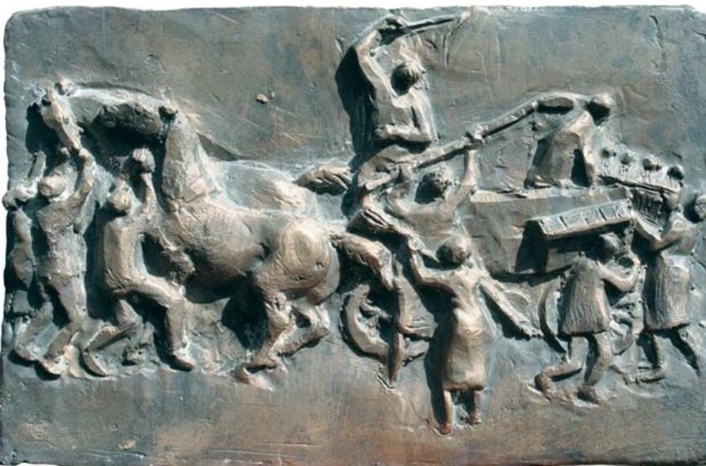 Bronzerelief zeigt den Kampf Siegburger Frauen mit Birker Männern 1812