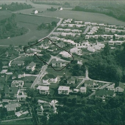 Luftaufnahme von Weegen mit Eichen von 1976. Im markierten Bereich: das alte Weegen