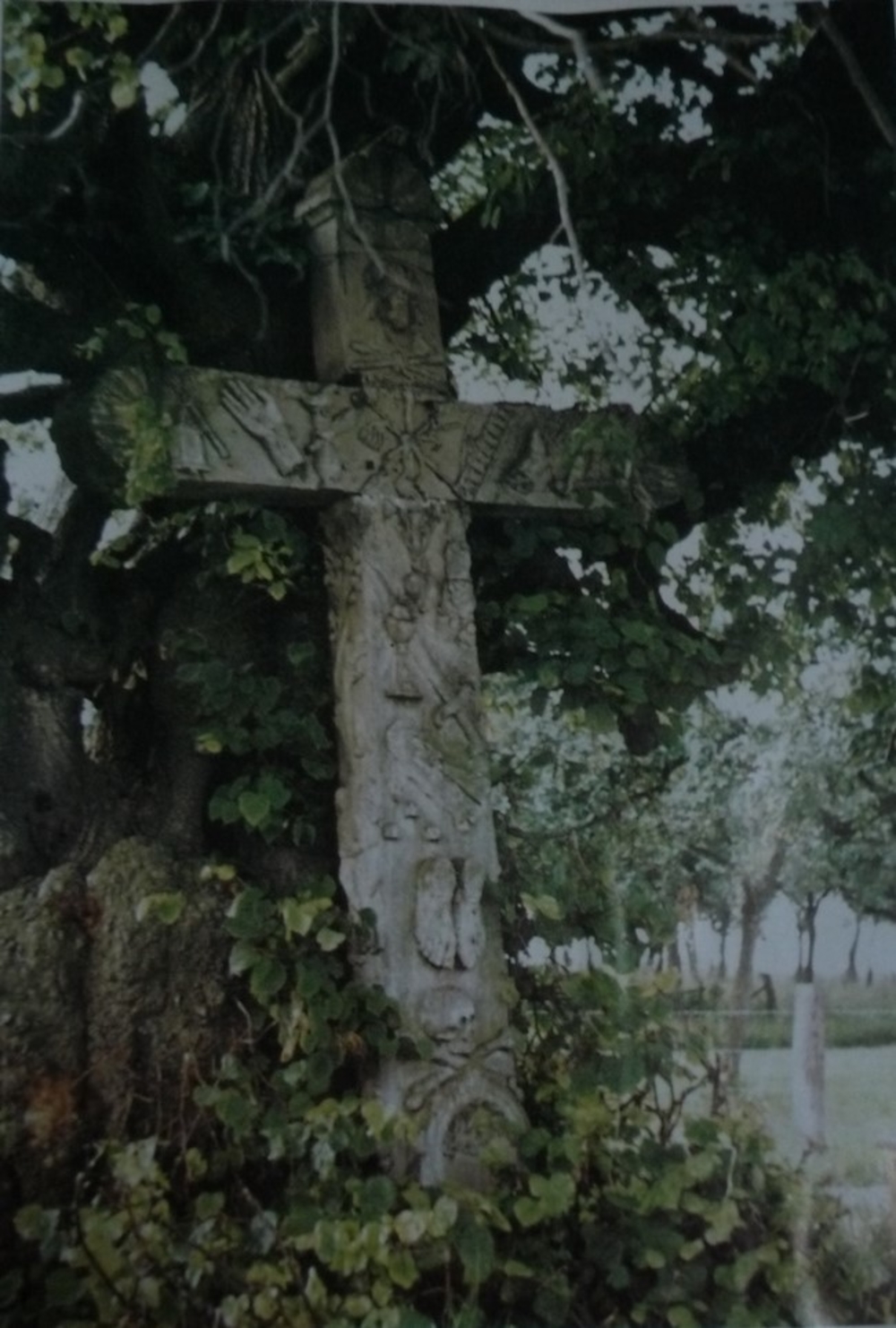 Arma-Christi-Kreuz mit alter Linde vor der ersten Restaurierung um 1970